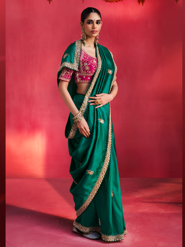 Bottle Green Embroidered Designer Satin Silk Saree With Contrast Blouse