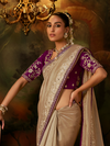 Champagne Gold Embroidered Designer Tissue Silk Saree With Contrast Blouse