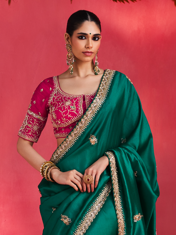 Bottle Green Embroidered Designer Satin Silk Saree With Contrast Blouse