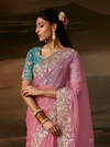 Rose Pink Embroidered Designer Organza Silk Saree