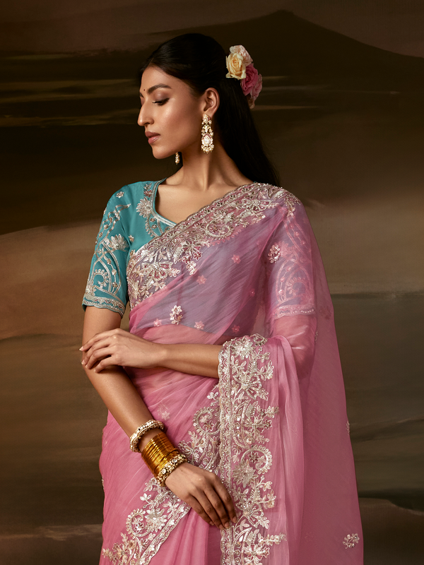 Rose Pink Embroidered Designer Organza Silk Saree