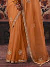 Rust Orange Embroidered Designer Organza Silk Saree With Contrast Blouse