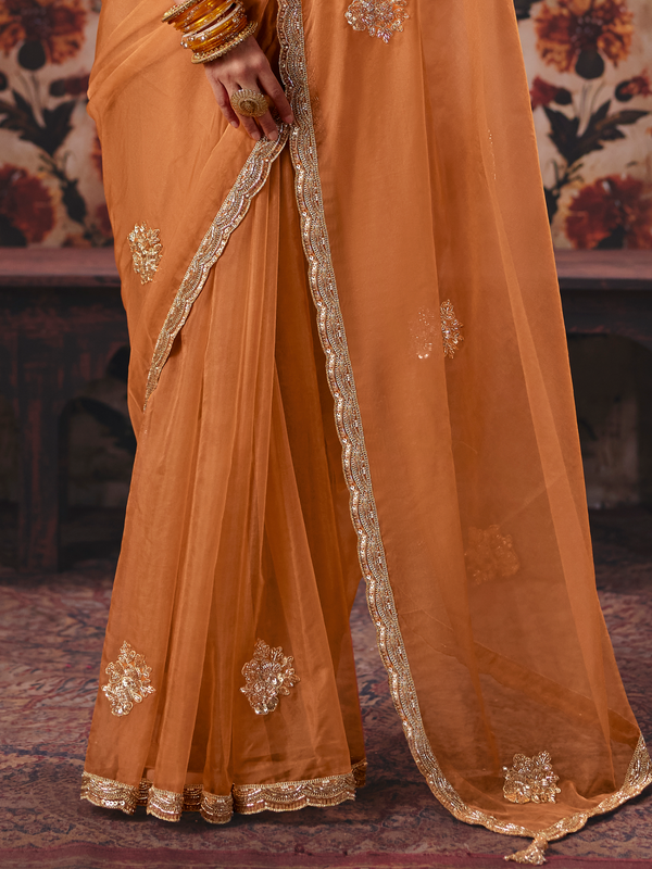 Rust Orange Embroidered Designer Organza Silk Saree With Contrast Blouse