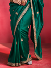 Bottle Green Embroidered Designer Satin Silk Saree With Contrast Blouse