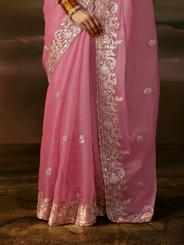 Rose Pink Embroidered Designer Organza Silk Saree