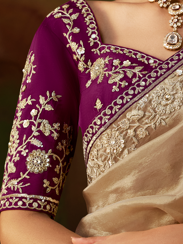 Champagne Gold Embroidered Designer Tissue Silk Saree With Contrast Blouse