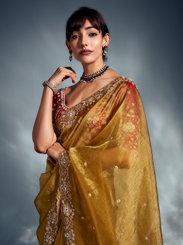 Mustard Yellow Embroidered Designer Tissue Organza Silk Saree With Contrast Blouse