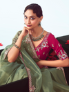 Sage Green Embroidered Designer Tissue Silk Saree With Contrast Blouse