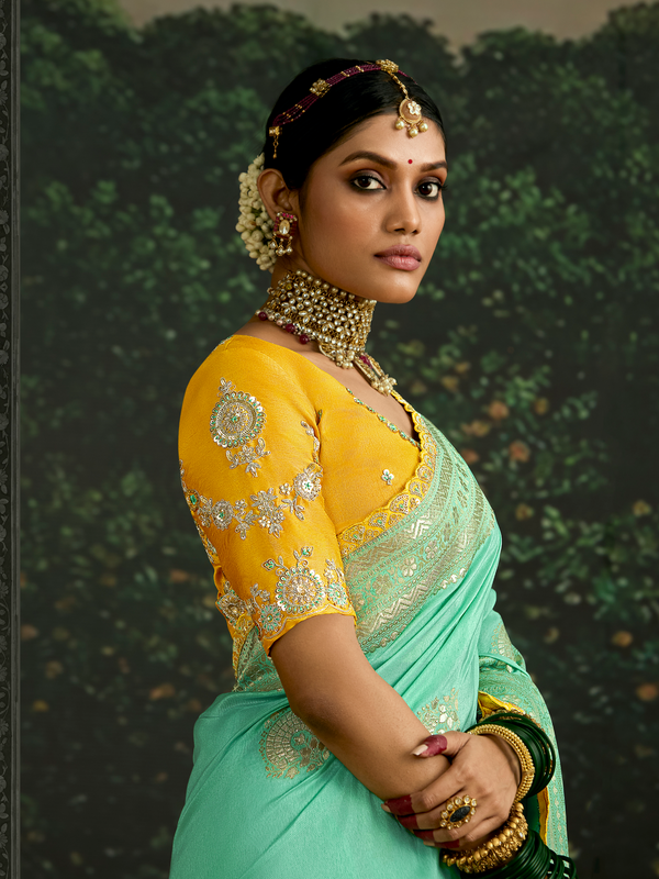 Sea Green Designer Banarasi Dola Silk Saree With Golden Zari Work