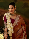 Rust Orange Embroidered Designer Tissue Silk Saree With Contrast Blouse