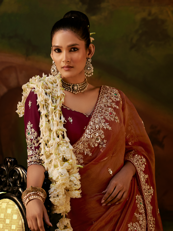 Rust Orange Embroidered Designer Tissue Silk Saree With Contrast Blouse