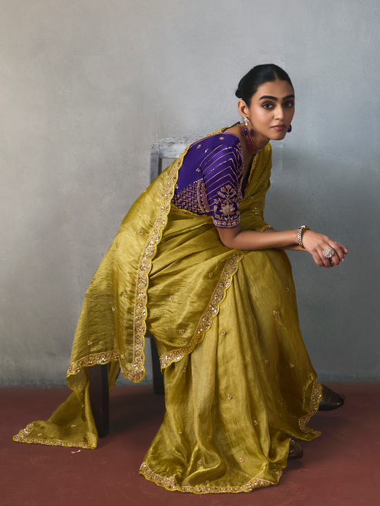 Lime Yellow Designer Tissue Silk Saree With Contrast Blouse
