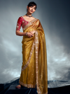 Mustard Yellow Embroidered Designer Tissue Organza Silk Saree With Contrast Blouse