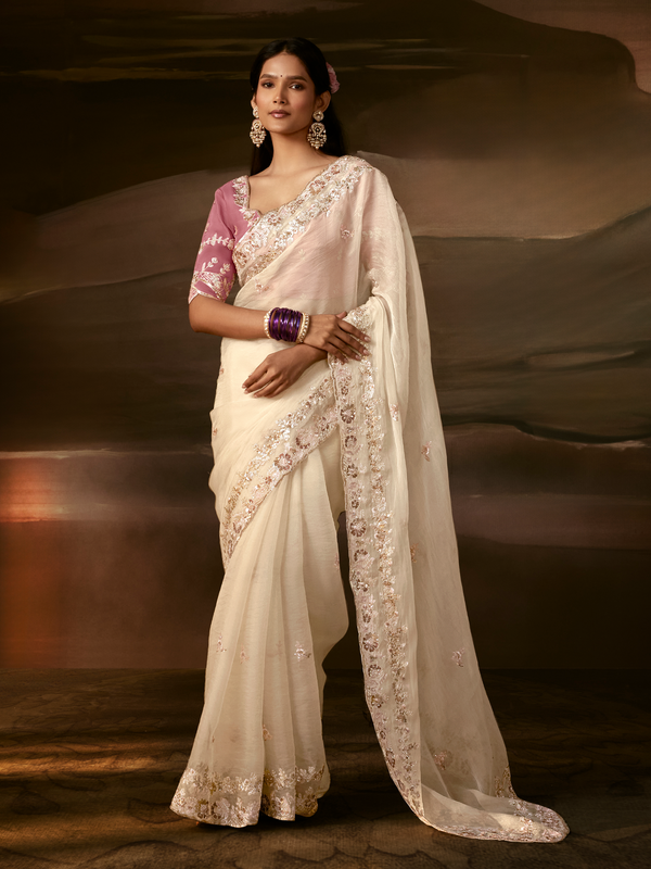 Ivory Embroidered Designer Organza Silk Saree