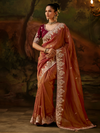 Rust Orange Embroidered Designer Tissue Silk Saree With Contrast Blouse