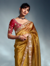 Mustard Yellow Embroidered Designer Tissue Organza Silk Saree With Contrast Blouse