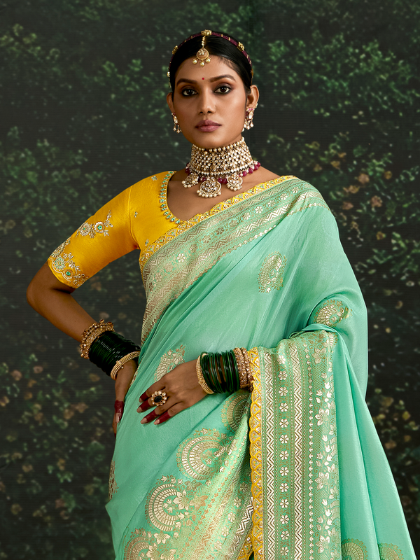 Sea Green Designer Banarasi Dola Silk Saree With Golden Zari Work