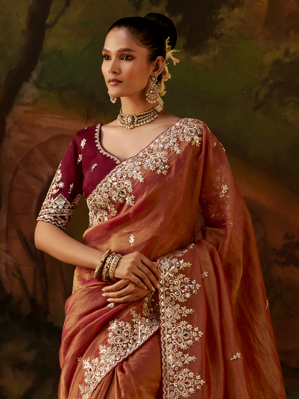 Rust Orange Embroidered Designer Tissue Silk Saree With Contrast Blouse