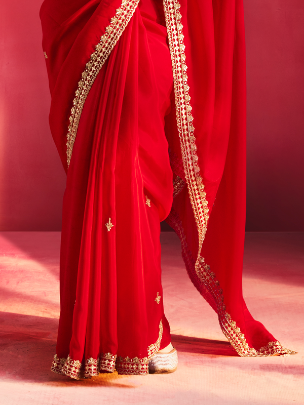 Crimson Red Embroidered Designer Satin Silk Saree