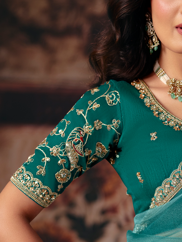 Teal Blue Embroidered Designer Organza Silk Saree