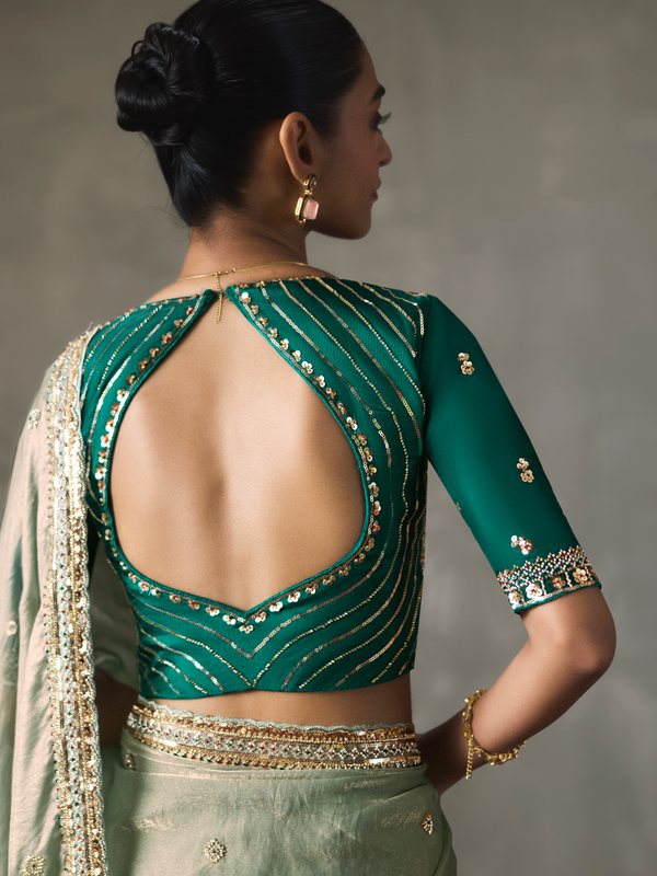 Sage Green Designer Tissue Silk Saree With Contrast Blouse