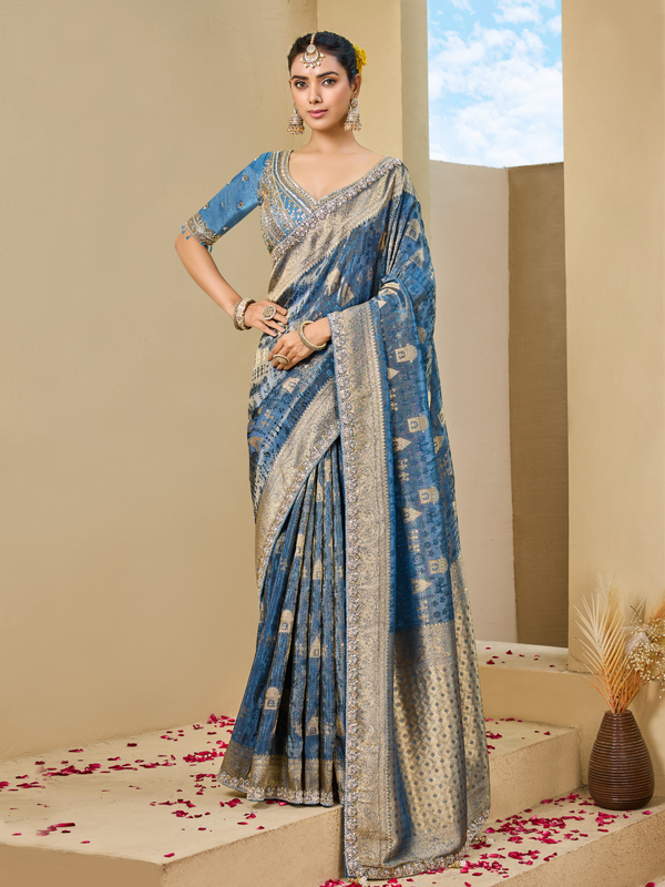 Steel Blue Banarasi Tissue Silk Saree