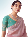 Dusty Pink Embroidered Designer Organza Silk Saree With Contrast Blouse