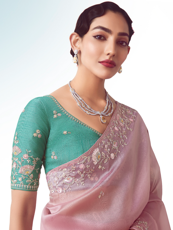 Dusty Pink Embroidered Designer Organza Silk Saree With Contrast Blouse