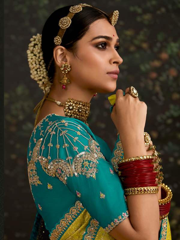 Lime Yellow Designer Banarasi Dola Silk Saree With Golden Zari