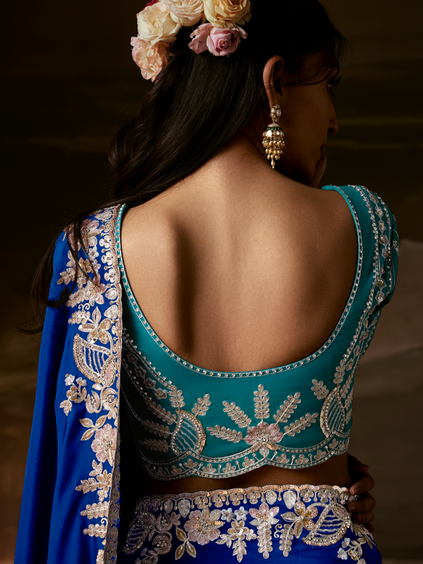 Royal Blue Embroidered Designer Organza Silk Saree