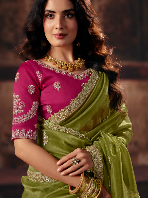 Mehendi Green Embroidered Designer Satin Silk Saree With Contrast Blouse