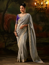 Silver Grey Embroidered Designer Tissue Silk Saree With Contrast Blouse