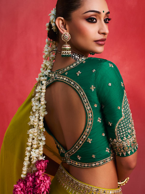 Lime Yellow Embroidered Designer Satin Silk Saree With Contrast Blouse