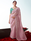 Dusty Pink Embroidered Designer Organza Silk Saree With Contrast Blouse