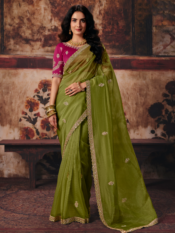 Mehendi Green Embroidered Designer Satin Silk Saree With Contrast Blouse
