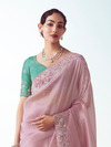 Dusty Pink Embroidered Designer Organza Silk Saree With Contrast Blouse