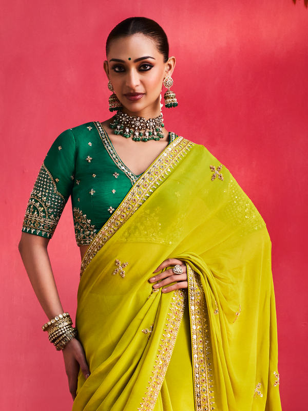 Lime Yellow Embroidered Designer Satin Silk Saree With Contrast Blouse