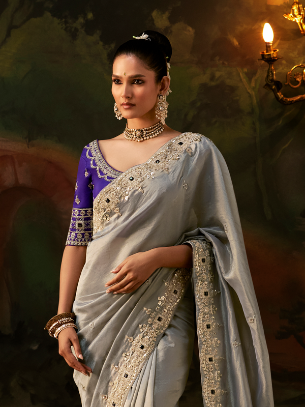 Silver Grey Embroidered Designer Tissue Silk Saree With Contrast Blouse