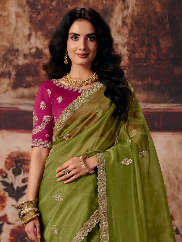 Mehendi Green Embroidered Designer Satin Silk Saree With Contrast Blouse