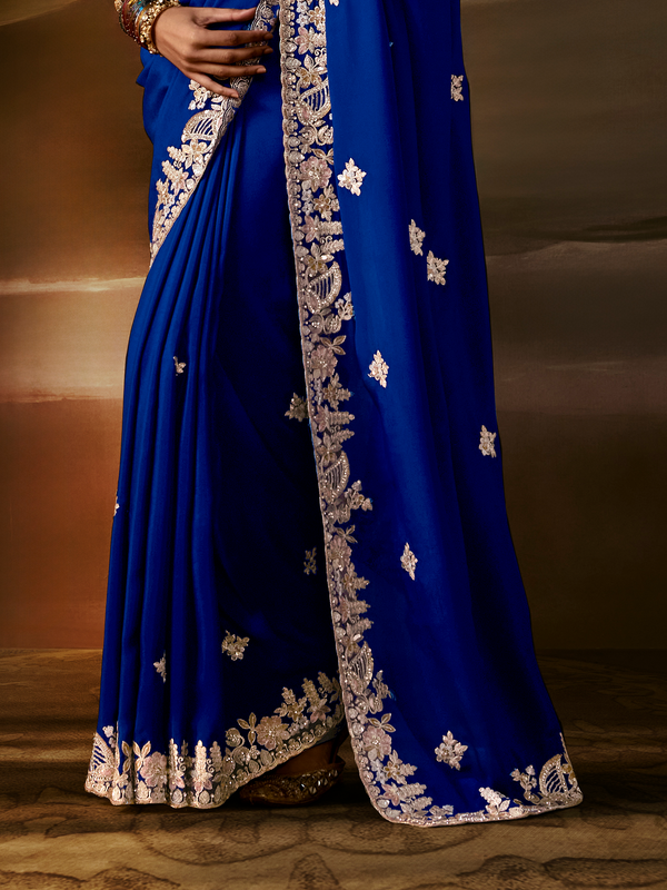 Royal Blue Embroidered Designer Organza Silk Saree