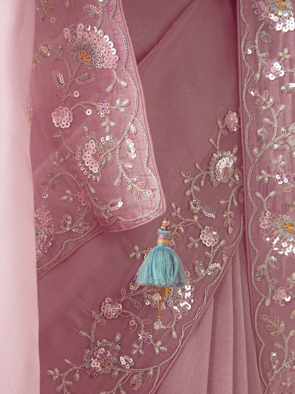 Dusty Pink Embroidered Designer Organza Silk Saree With Contrast Blouse