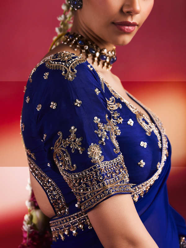 Royal Blue Embroidered Designer Satin Silk Saree