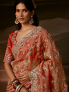 Coral Peach Embroidered Designer Organza Silk Saree