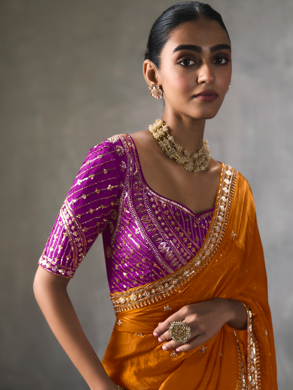 Saffron Orange Designer Tissue Silk Saree With Contrast Blouse