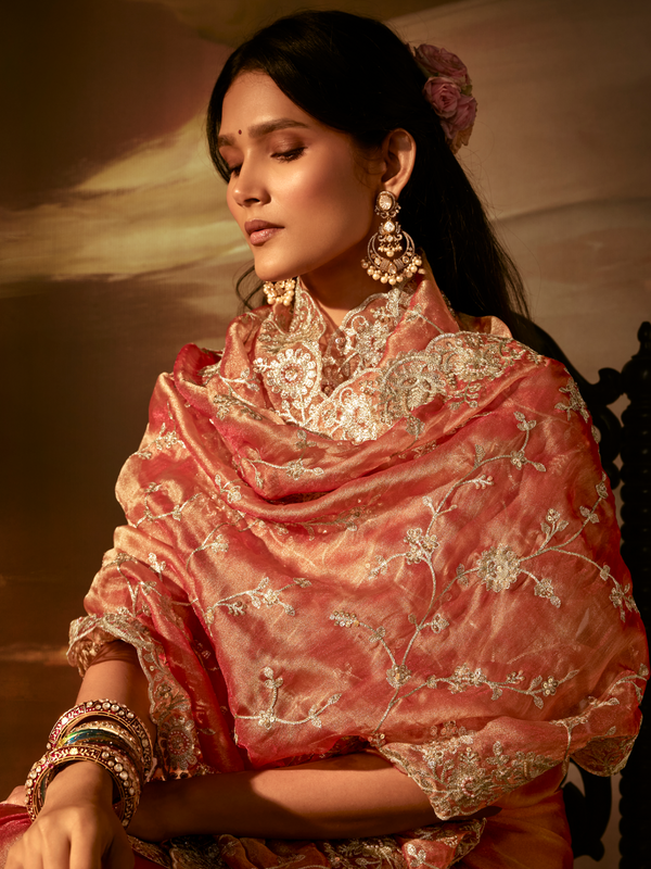 Coral Peach Embroidered Designer Organza Silk Saree