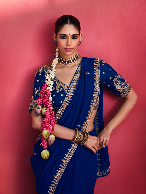 Royal Blue Embroidered Designer Satin Silk Saree