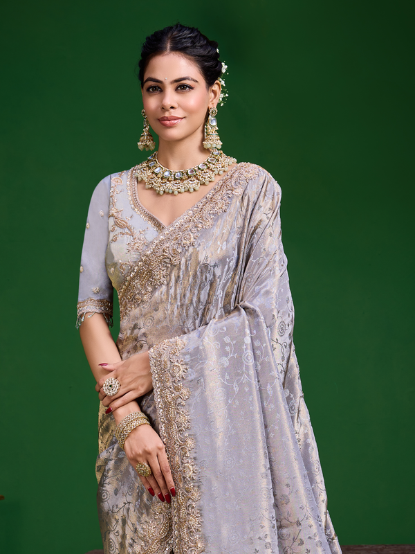Lavender Grey Banarasi Tissue Silk Saree