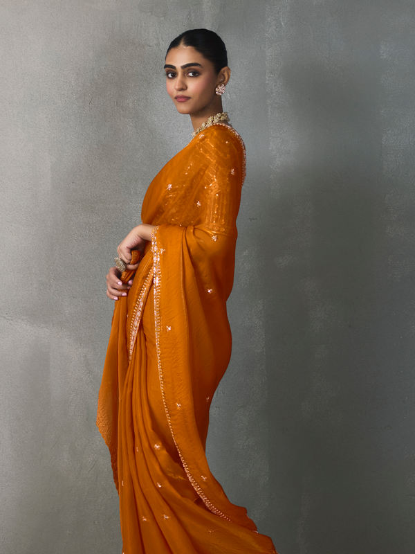 Saffron Orange Designer Tissue Silk Saree With Contrast Blouse