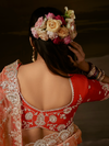 Coral Peach Embroidered Designer Organza Silk Saree