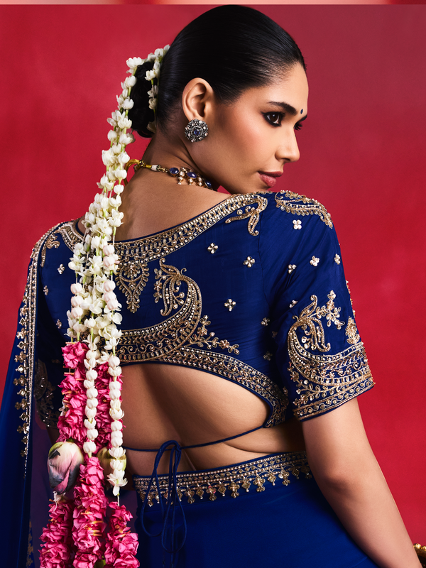Royal Blue Embroidered Designer Satin Silk Saree